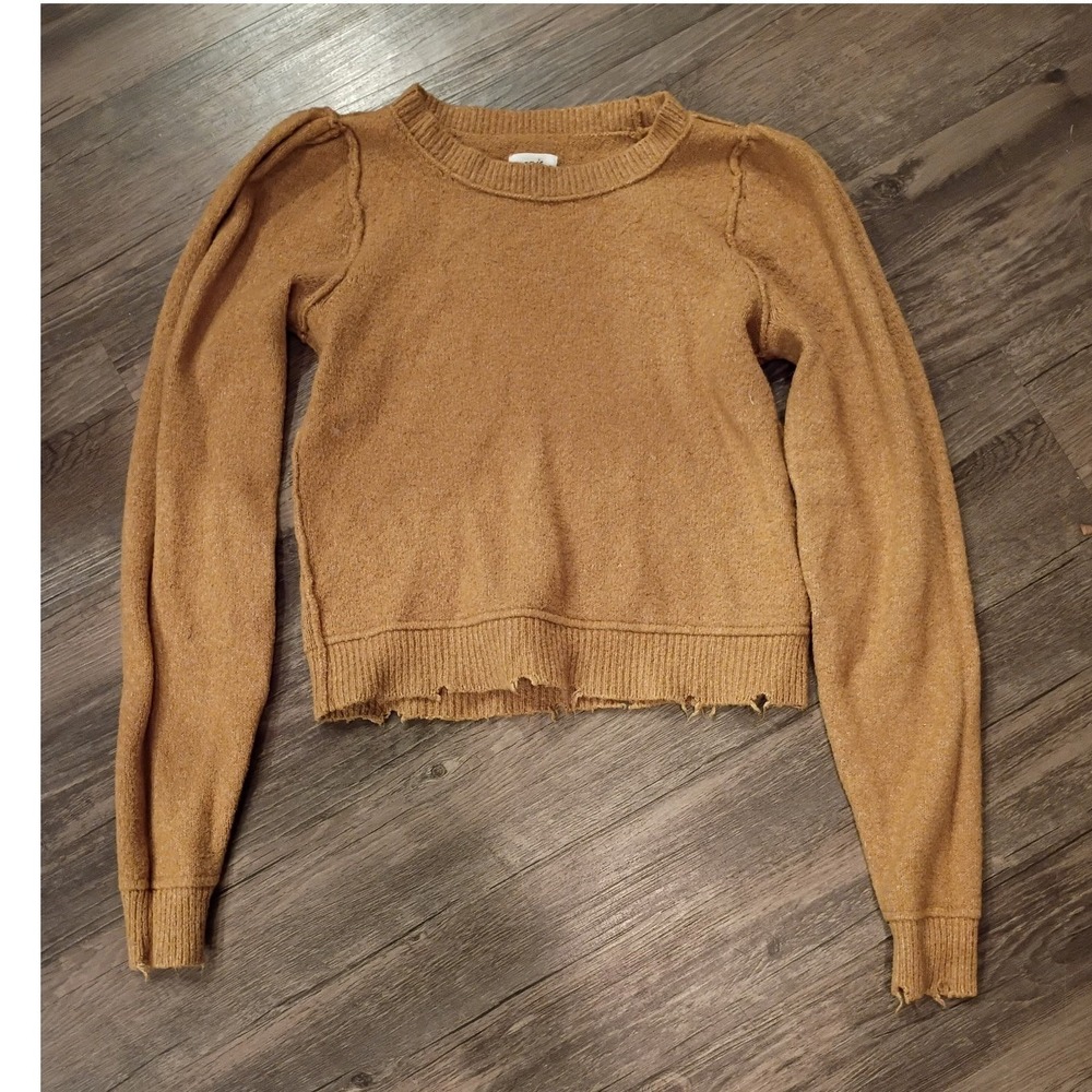 Aerie Womens XS Distressed Puff Sleeve Crewneck Sweater‎ Mustard Yellow Gold